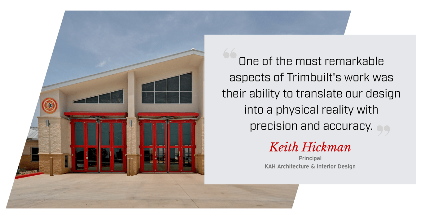 1 Exterior view of a beige building with large red-framed glass doors, overlaid by a large light-gray quote panel containing a testimonial text.