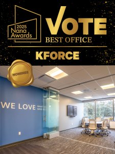 Award banner reading 'Vote Best Office' with 'KF0RCE' and a 'Nominee' seal above a modern office interior with a blue wall and glass door.
