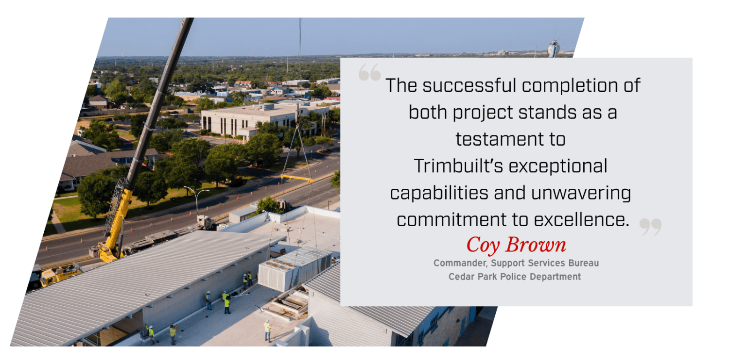 3 Aerial view of a construction site with a crane over a building; a large gray testimonial panel on the right displays a quote and the name Coy Brown.